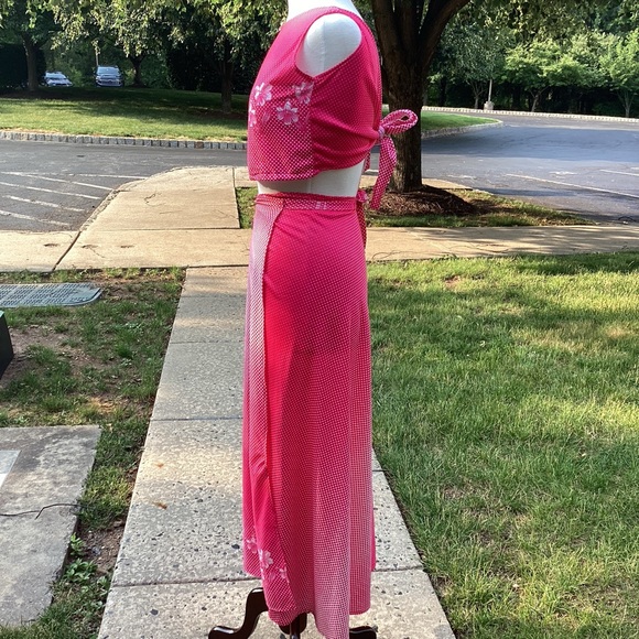 Handmade two piece swim beach dress pink polka dot and tropical flowers one size - Picture 2 of 9